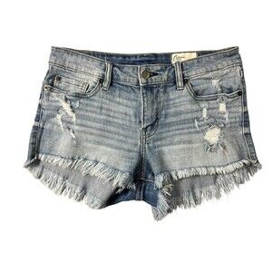 Cosmic Blue Love Women's Mid Rise Cut Off Distressed Denim Jean Shorts  Size 29